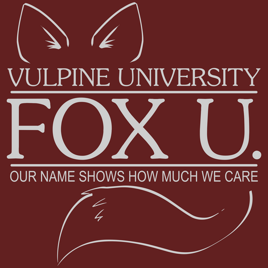 Illustration of a logo for the fictional university, Vulpine University, indicated with large text saying FOX U.