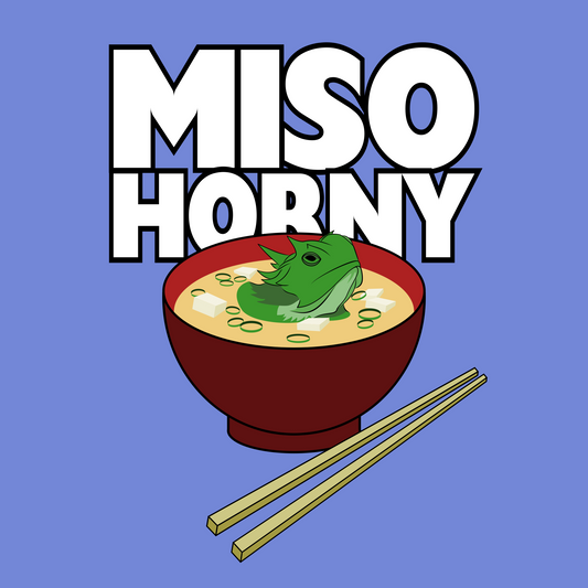 Bowl of miso soup with a green horned toad in it and text 'MISO HORNY' on a blue background