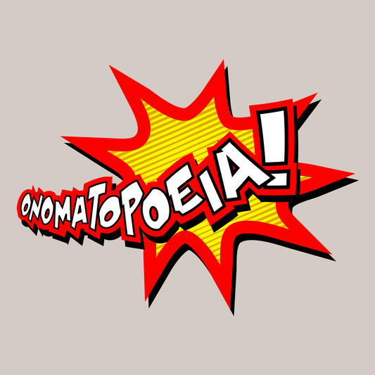 Onomatopoeia text in a comic book style explosion on a gray background