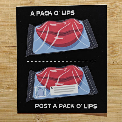 Photo of a sticker of a pack of lips with text 'A Pack O' Lips' and another pack of lips with a stamp and a shipping address with text 'Post A Pack O' Lips' on a black background.