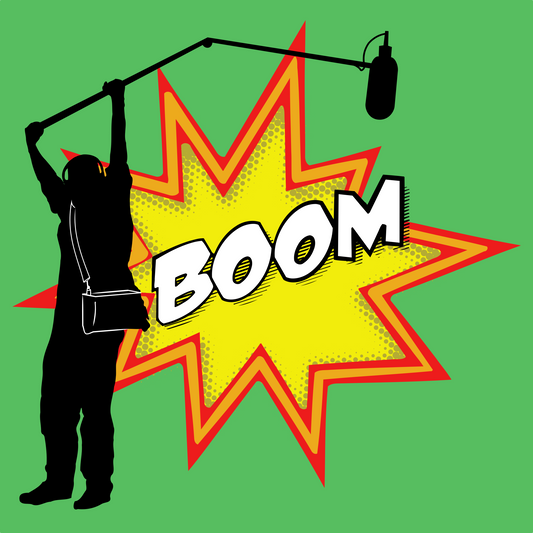 Silhouette of a person holding a boom microphone with a 'BOOM' graphic on a green background