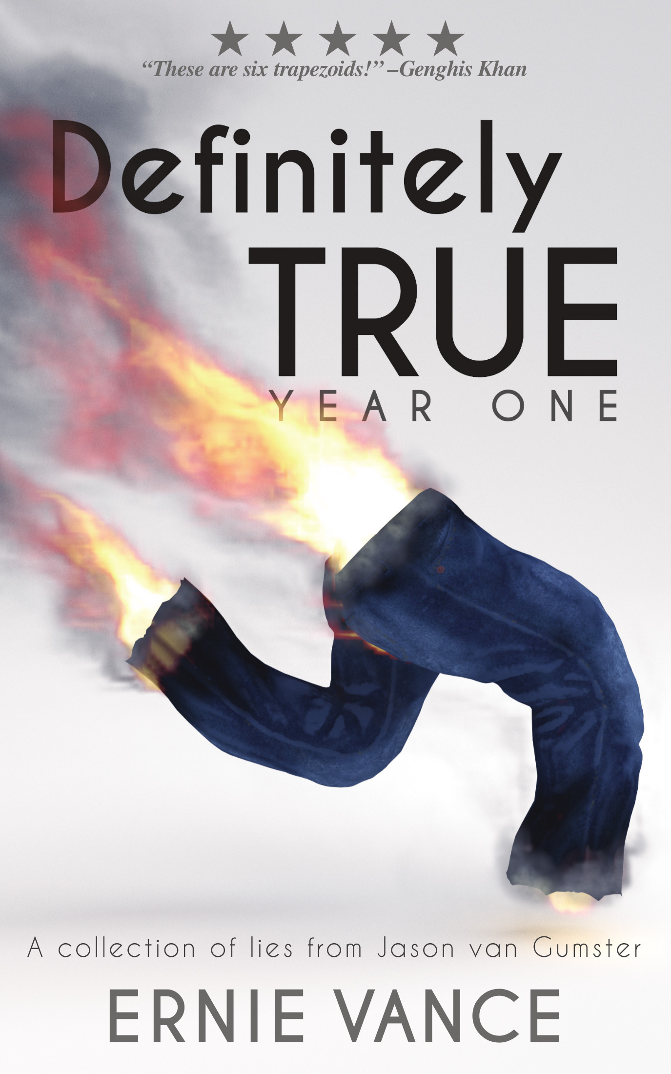 Book cover for Definitely True: Year One by Ernie Vance, featuring an image of a running pair of pants on fire