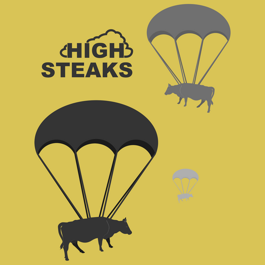 Illustration of cows parachuting with 'High Steaks' text on a yellow background