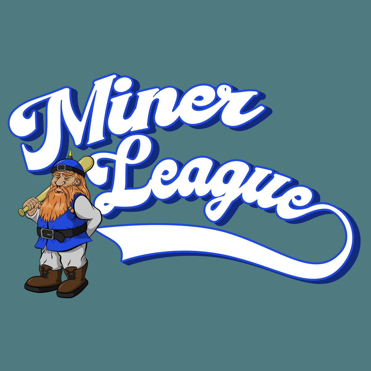 Graphic logo of a dwarven miner with a baseball bat next to text that reads Miner League