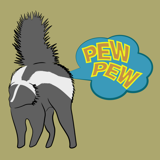 Illustration of a skunk with a 'Pew Pew' speech/spray bubble on a beige background