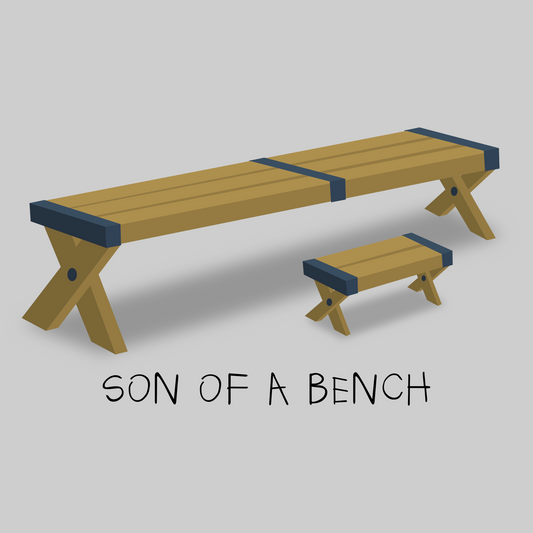 Illustration of a wooden bench with a smaller wooden footstool of the same style in front of it. Caption: 'SON OF A BENCH'
