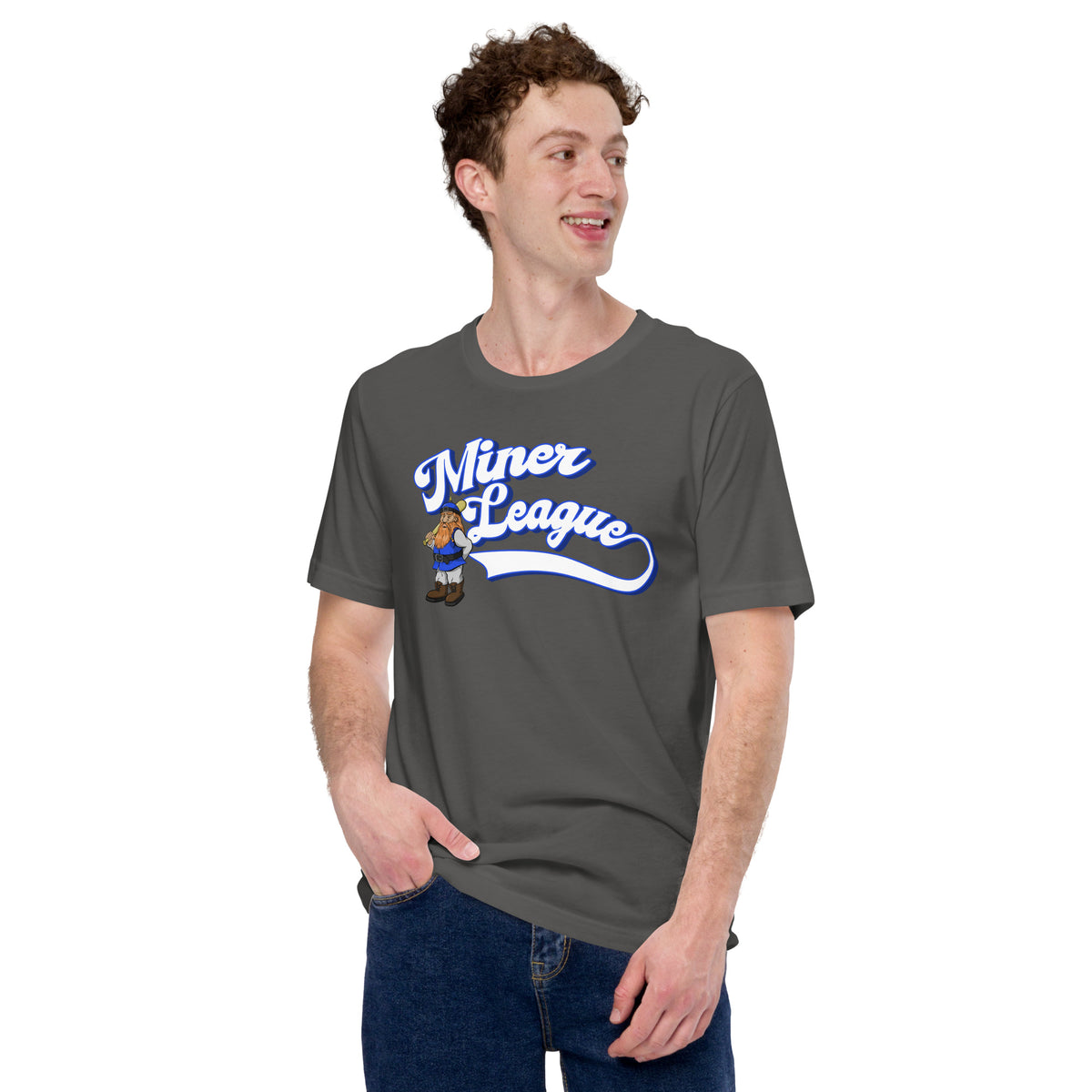 Man in asphalt Miner League t-shirt