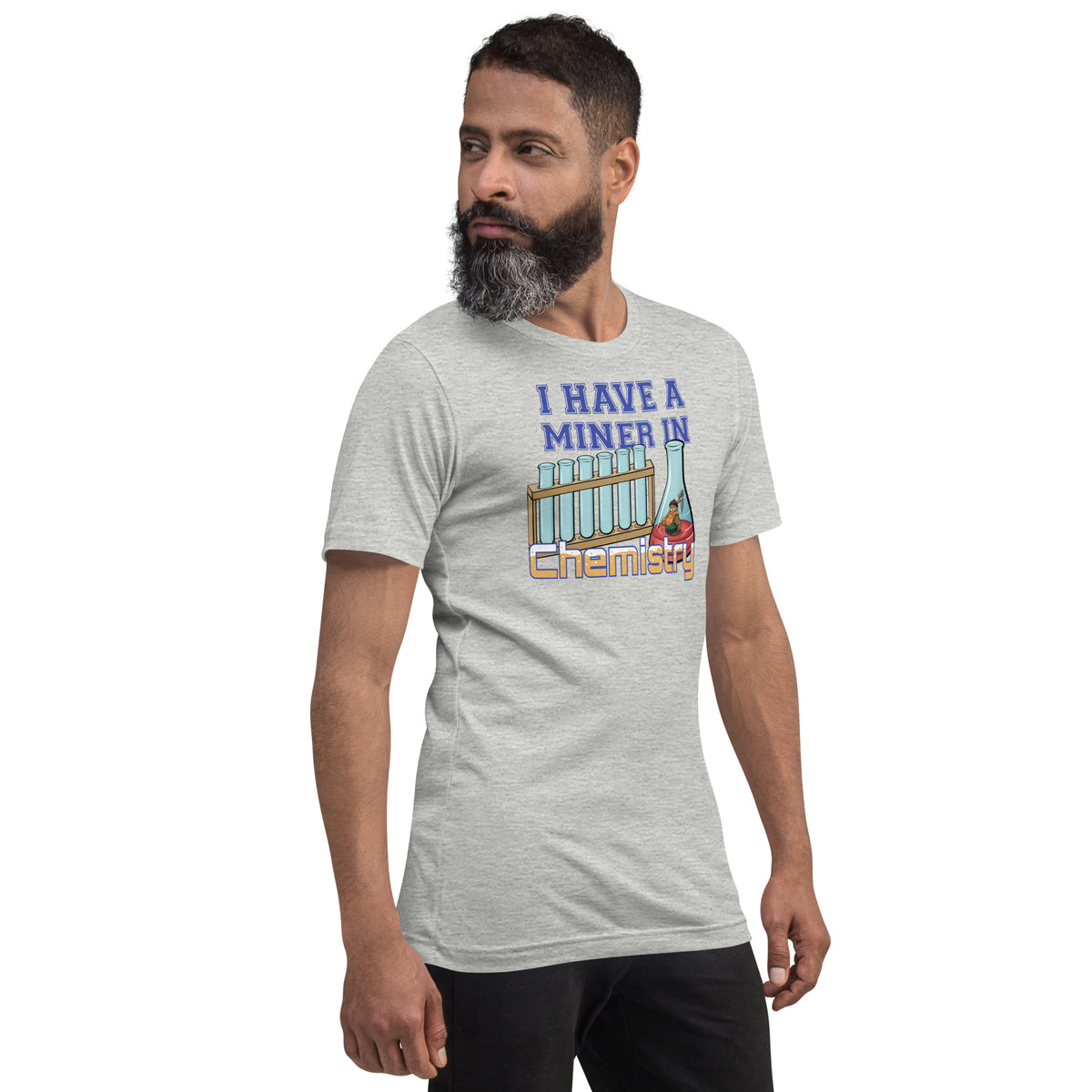 Man in athletic heather Minor in Chemistry t-shirt