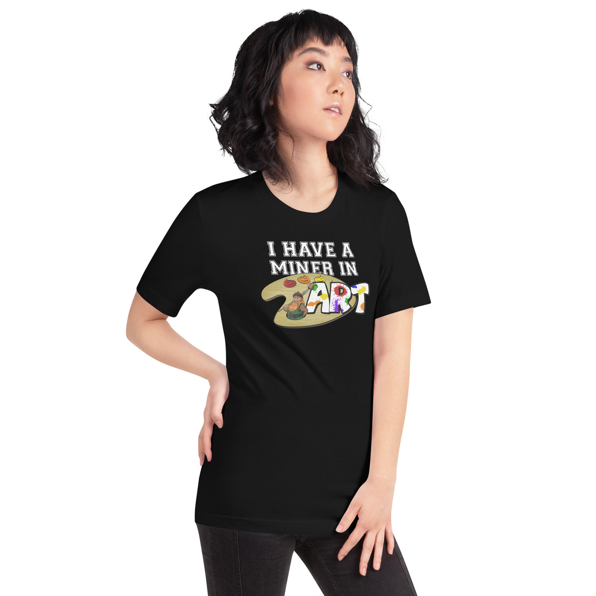 Woman in black Miner in Art t-shirt