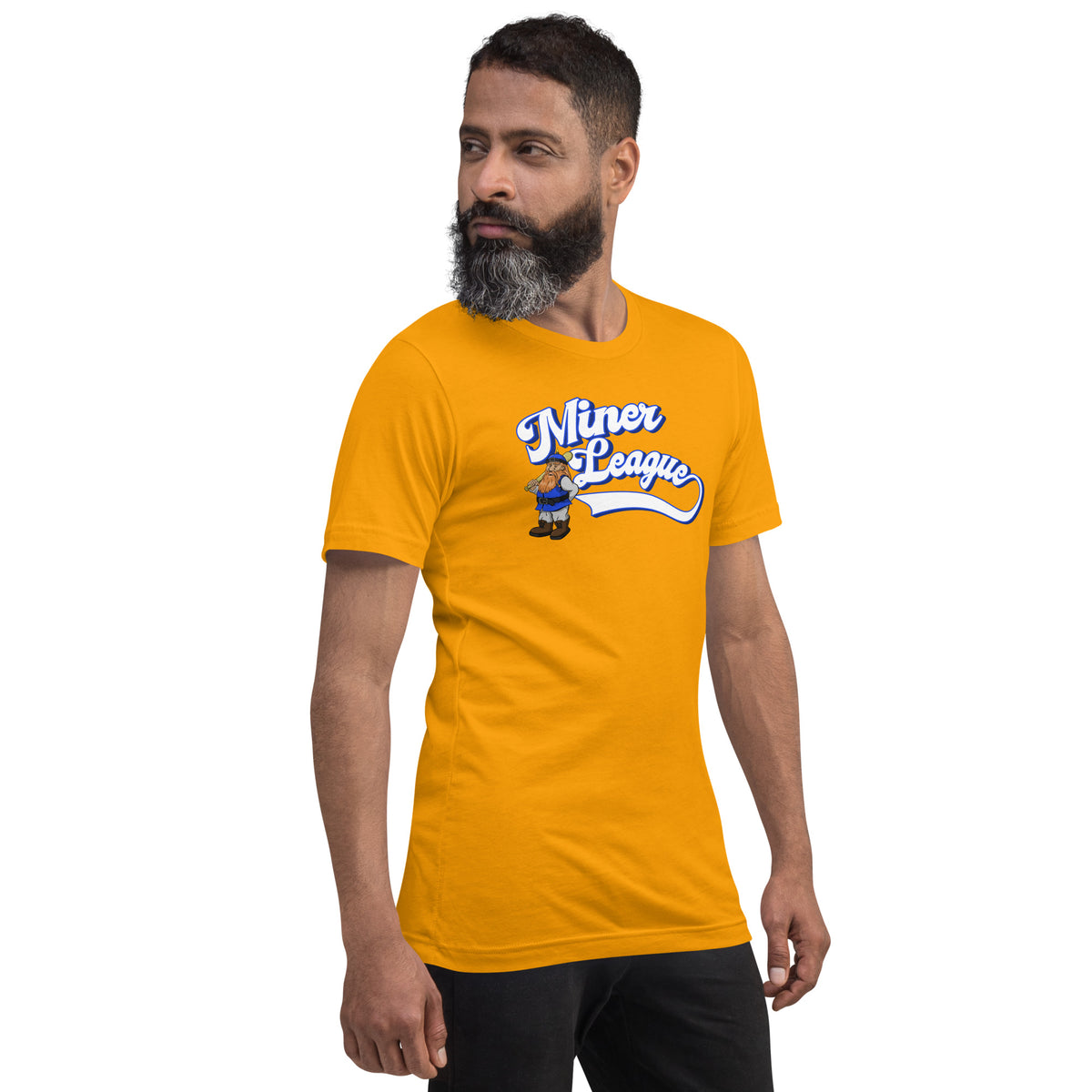 Man in gold Miner League t-shirt