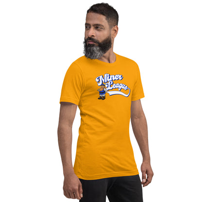 Man in gold Miner League t-shirt