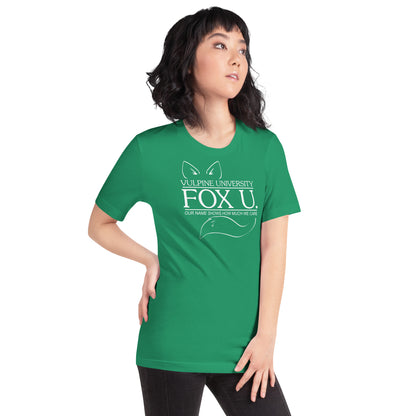Woman in kelly green Fox U t-shirt