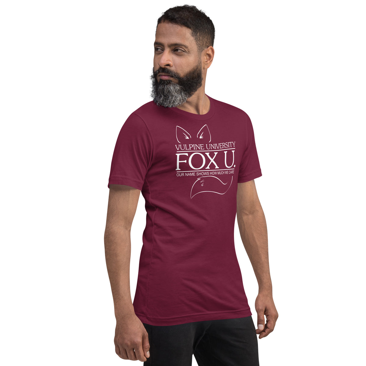 Man in maroon Fox U t-shirt
