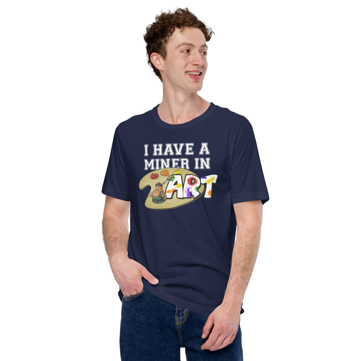 Man in navy Miner in Art t-shirt