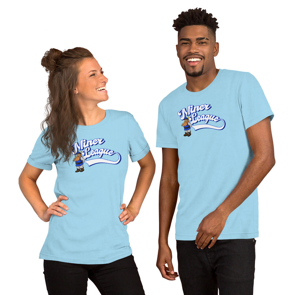 Woman and Man in ocean blue Miner League t-shirt