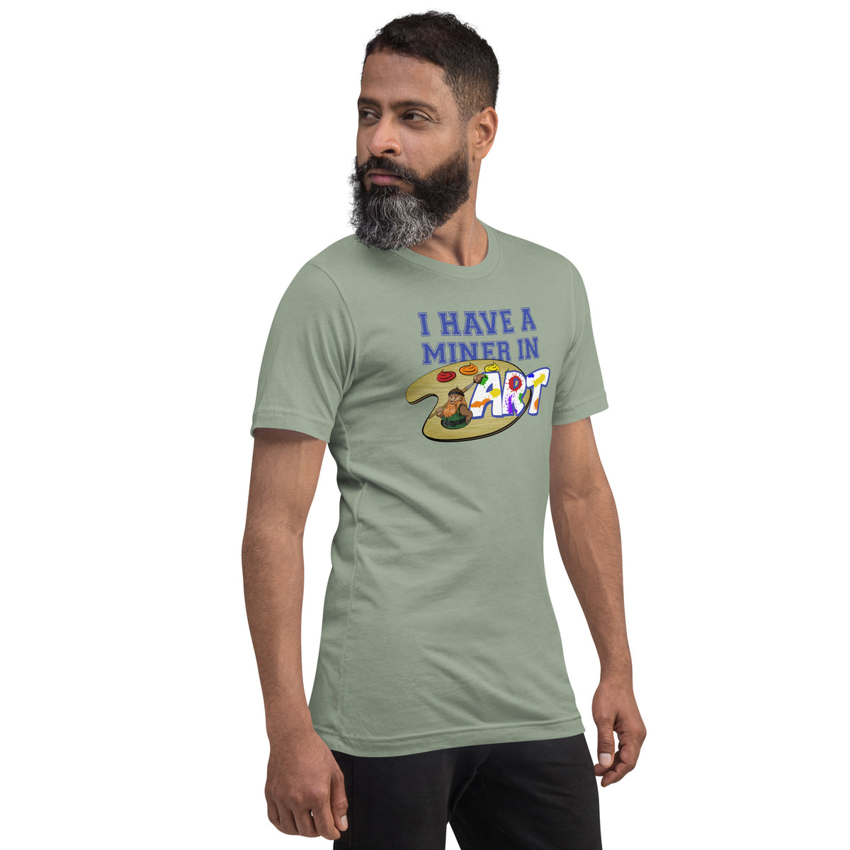Man in sage green Miner in Art t-shirt