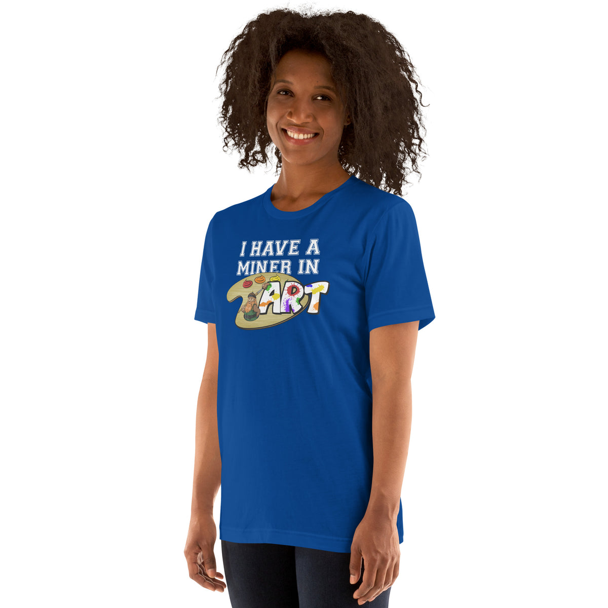 Woman in royal blue Miner in Art t-shirt