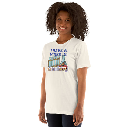 Woman in vintage white Miner in Chemistry t-shirt