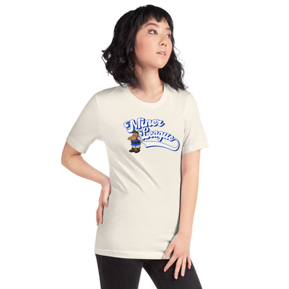Woman in vintage white Miner League t-shirt